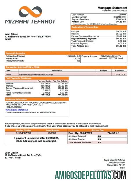 realista Modelo Word e PDF de declaração de hipoteca do Banco de Israel Mizrahi Tefahot